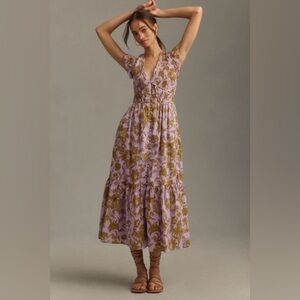 Anthropologie Boho Floral Maxi Dress S Ruffle Tiered Lavender Olive CottageCore